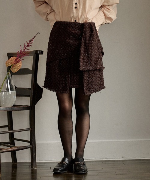 mideal(マイディール)の「ribbon design tweed skirt pants / リボンデザインツイードスカートパンツ(スカート・レディース・ブラウン/ボルドー・FREE)」の2枚目の写真