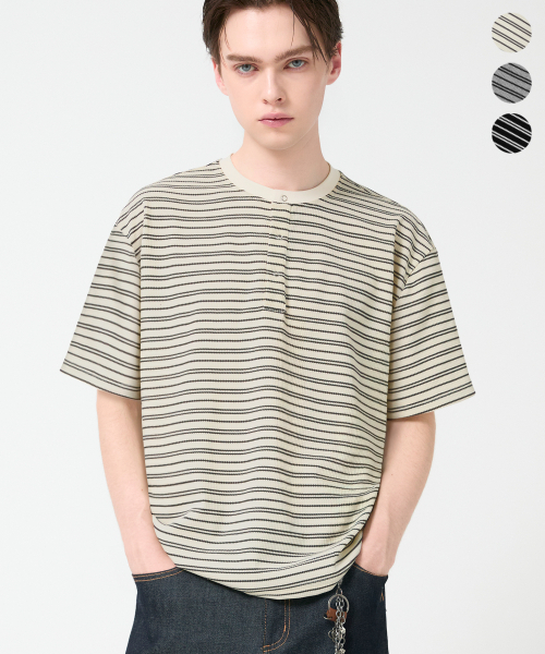 TRILLION（トリリオン）の「ストライプリングスナップヘンリーネックハーフスリーブ_3カラー（Tシャツ/カットソー・レディース・グレー/アイボリー/ブラック・X-LARGE/LARGE/MEDIUM）」の4枚目の写真
