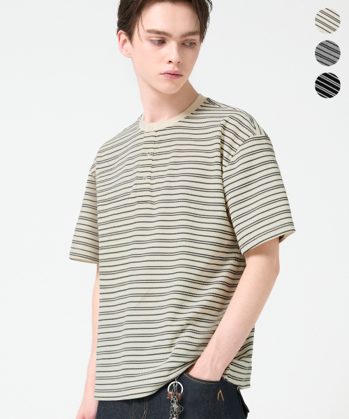 TRILLION（トリリオン）の「ストライプリングスナップヘンリーネックハーフスリーブ_3カラー（Tシャツ/カットソー・レディース・グレー/アイボリー/ブラック・X-LARGE/LARGE/MEDIUM）」の5枚目の写真