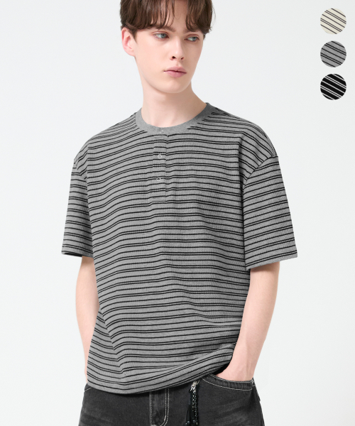 TRILLION（トリリオン）の「ストライプリングスナップヘンリーネックハーフスリーブ_3カラー（Tシャツ/カットソー・レディース・グレー/アイボリー/ブラック・X-LARGE/LARGE/MEDIUM）」の6枚目の写真
