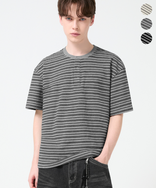 TRILLION（トリリオン）の「ストライプリングスナップヘンリーネックハーフスリーブ_3カラー（Tシャツ/カットソー・レディース・グレー/アイボリー/ブラック・X-LARGE/LARGE/MEDIUM）」の7枚目の写真