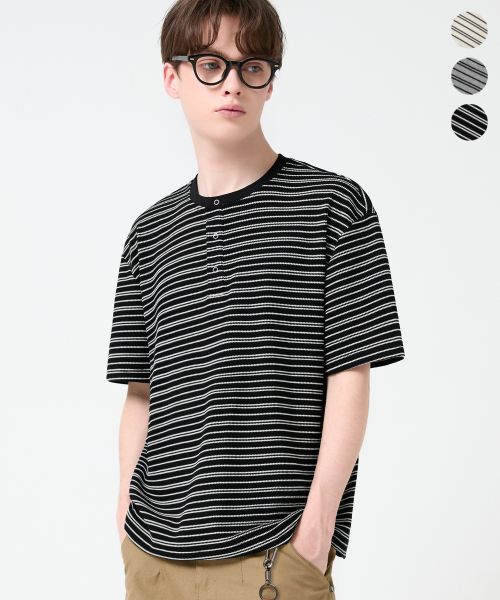 TRILLION（トリリオン）の「ストライプリングスナップヘンリーネックハーフスリーブ_3カラー（Tシャツ/カットソー・レディース・グレー/アイボリー/ブラック・X-LARGE/LARGE/MEDIUM）」の8枚目の写真