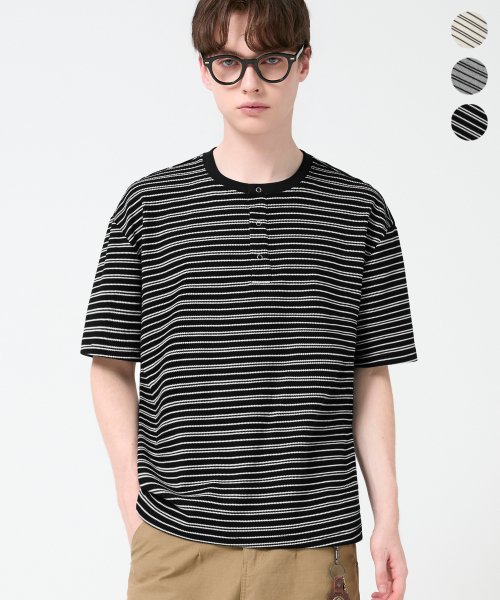 TRILLION（トリリオン）の「ストライプリングスナップヘンリーネックハーフスリーブ_3カラー（Tシャツ/カットソー・レディース・グレー/アイボリー/ブラック・X-LARGE/LARGE/MEDIUM）」の9枚目の写真