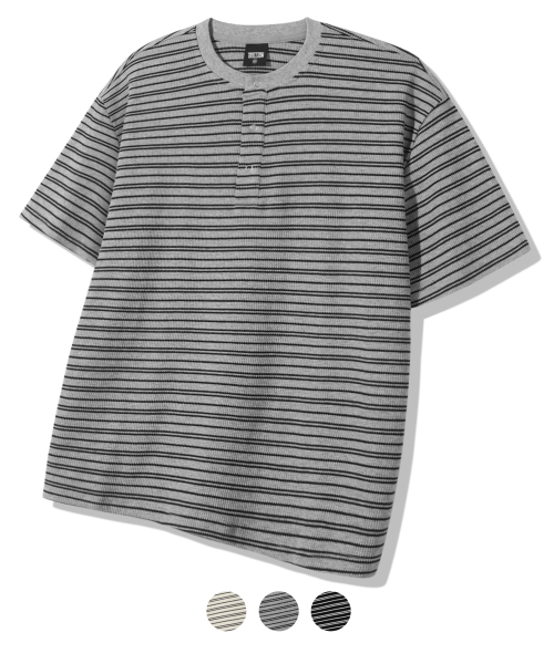 TRILLION（トリリオン）の「ストライプリングスナップヘンリーネックハーフスリーブ_3カラー（Tシャツ/カットソー・レディース・グレー/アイボリー/ブラック・X-LARGE/LARGE/MEDIUM）」の10枚目の写真