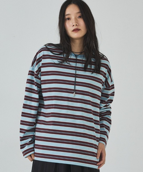abahouse mavie(アバハウスマヴィ)の「マルチボーダーロングTシャツ(Tシャツ/カットソー・レディース・グレー/ブラウン/ライトグレー・フリー)」の1枚目の写真