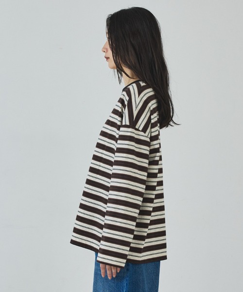 abahouse mavie(アバハウスマヴィ)の「マルチボーダーロングTシャツ(Tシャツ/カットソー・レディース・グレー/ブラウン/ライトグレー・フリー)」の6枚目の写真