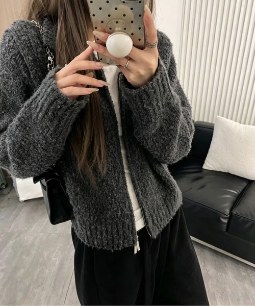 SHEPP（シープ）の「【26年秋冬新作】ブークレ ジップアップ ニットブルゾン（ブルゾン・レディース・ブルー/ダークグレー/アイボリー/ブラック・F）」の10枚目の写真
