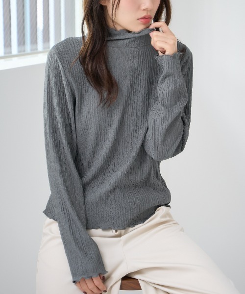 TRIANGLE PALETTE(トライアングルパレット)の「カットジャガード メロウ ハイネックトップス(Tシャツ/カットソー・レディース・アイボリー/ピンク/グレー/ボルドー/ブラック・FREE)」の3枚目の写真