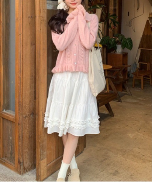 &soiree(アンドソワレ)の「フリルデザイン透かし編みニットカーディガン(カーディガン/ボレロ・レディース・ホワイト/グリーン/パープル/ピンク・FREE)」の9枚目の写真
