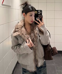 26aw フェイクファーカラーベルトデザインスエードライクジャケット