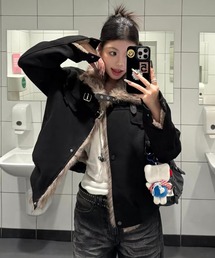 26aw フェイクファーカラーベルトデザインスエードライクジャケット