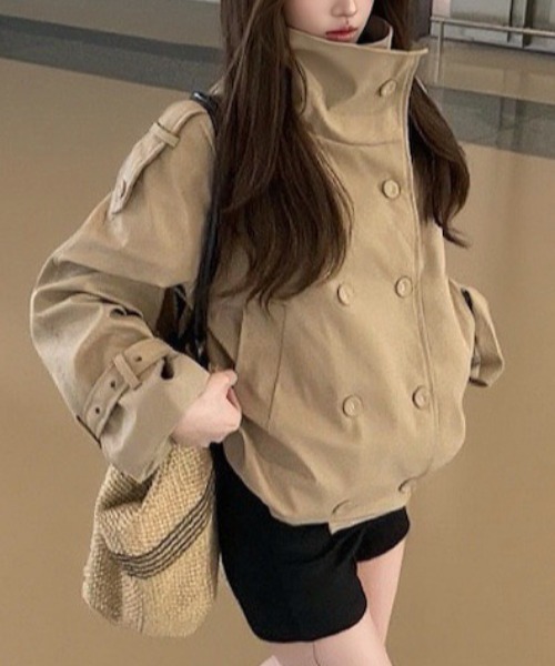 NANEA（ナネア）の「ハイネックトレンチ風ショートコート（トレンチコート・レディース・ベージュ/ブラック・MEDIUM/LARGE）」の7枚目の写真