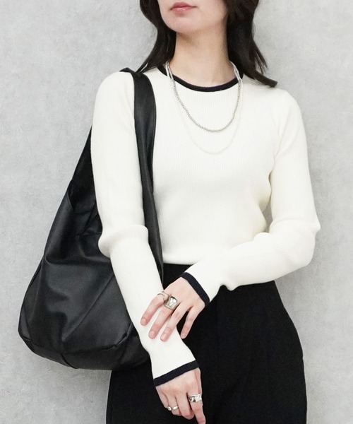 SELECT LEVERY(セレクトリベリー)の「クルーネック配色ラインリブニットプルオーバー(ニット/セーター・レディース・ブラック/グレー/アイボリー/ナチュラル・MEDIUM)」の6枚目の写真