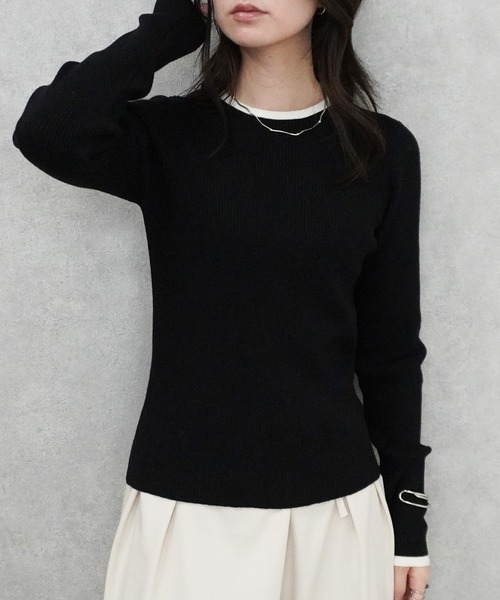 SELECT LEVERY(セレクトリベリー)の「クルーネック配色ラインリブニットプルオーバー(ニット/セーター・レディース・ブラック/グレー/アイボリー/ナチュラル・MEDIUM)」の16枚目の写真