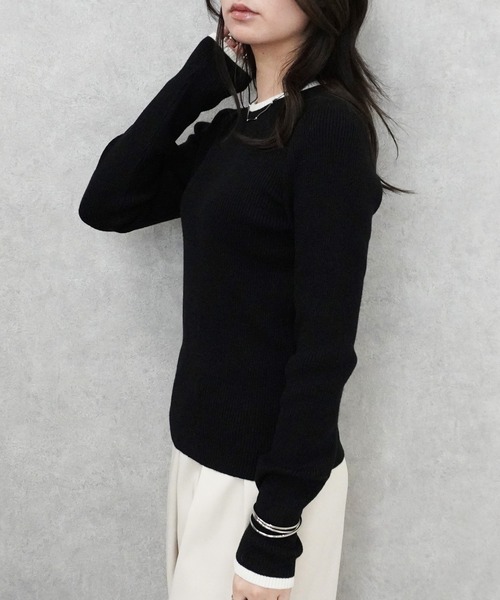 SELECT LEVERY(セレクトリベリー)の「クルーネック配色ラインリブニットプルオーバー(ニット/セーター・レディース・ブラック/グレー/アイボリー/ナチュラル・MEDIUM)」の18枚目の写真