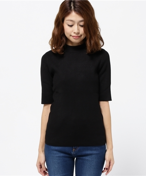 Pierrot（ピエロ）の「【お家で洗える・伸縮性たっぷり】プチハイネック/モックネック 五分袖リブニット（ニット/セーター・レディース・ブラック/ボルドー/チャコール/オフホワイト・L/M）」の5枚目の写真