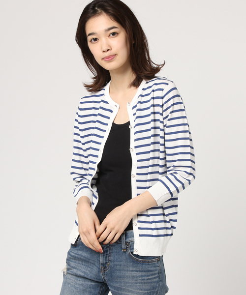 Honeys（ハニーズ）の「７分袖ＵＶ変わりボタンカーディガン（カーディガン/ボレロ・レディース・オフホワイト/ホワイト×ブルー/ブラック/ラベンダー/ホワイト×ネイビー/ピンク/ネイビー/イエロー/サックスブルー・L/M）」の3枚目の写真