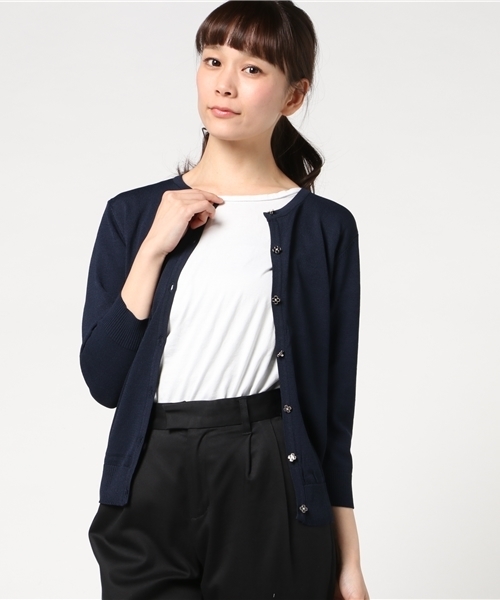 Honeys（ハニーズ）の「７分袖ＵＶ変わりボタンカーディガン（カーディガン/ボレロ・レディース・オフホワイト/ホワイト×ブルー/ブラック/ラベンダー/ホワイト×ネイビー/ピンク/ネイビー/イエロー/サックスブルー・L/M）」の6枚目の写真