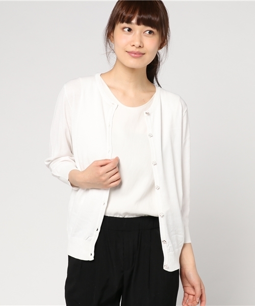 Honeys（ハニーズ）の「７分袖ＵＶ変わりボタンカーディガン（カーディガン/ボレロ・レディース・オフホワイト/ホワイト×ブルー/ブラック/ラベンダー/ホワイト×ネイビー/ピンク/ネイビー/イエロー/サックスブルー・L/M）」の2枚目の写真