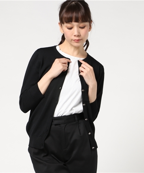 Honeys（ハニーズ）の「７分袖ＵＶ変わりボタンカーディガン（カーディガン/ボレロ・レディース・オフホワイト/ホワイト×ブルー/ブラック/ラベンダー/ホワイト×ネイビー/ピンク/ネイビー/イエロー/サックスブルー・L/M）」の5枚目の写真