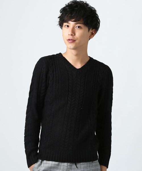 improves(インプローブス)の「ケーブル編みVネックニットセーター(ニット/セーター)」|ブラック