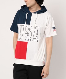 STYLEBLOCK（スタイルブロック）の「星条旗USAロゴプリント切替配色半袖パーカー（パーカー）」
