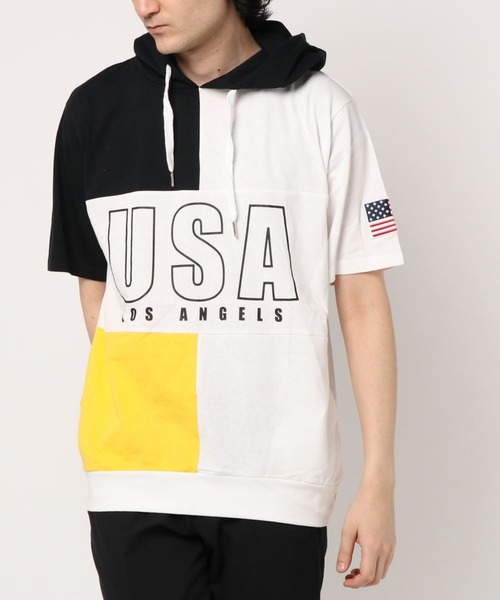 STYLEBLOCK（スタイルブロック）の「星条旗USAロゴプリント切替配色半袖パーカー（パーカー・メンズ・イエロー/グリーン/レッド・L/M）」の3枚目の写真