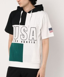 STYLEBLOCK（スタイルブロック）の「星条旗USAロゴプリント切替配色半袖パーカー（パーカー）」