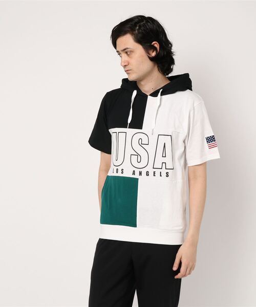 STYLEBLOCK（スタイルブロック）の「星条旗USAロゴプリント切替配色半袖パーカー（パーカー・メンズ・イエロー/グリーン/レッド・L/M）」の6枚目の写真