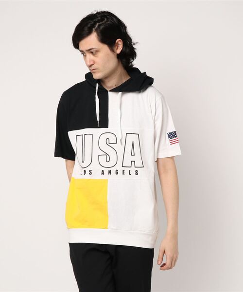 STYLEBLOCK（スタイルブロック）の「星条旗USAロゴプリント切替配色半袖パーカー（パーカー・メンズ・イエロー/グリーン/レッド・L/M）」の7枚目の写真
