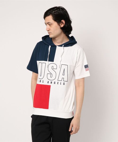 STYLEBLOCK（スタイルブロック）の「星条旗USAロゴプリント切替配色半袖パーカー（パーカー・メンズ・イエロー/グリーン/レッド・L/M）」の8枚目の写真