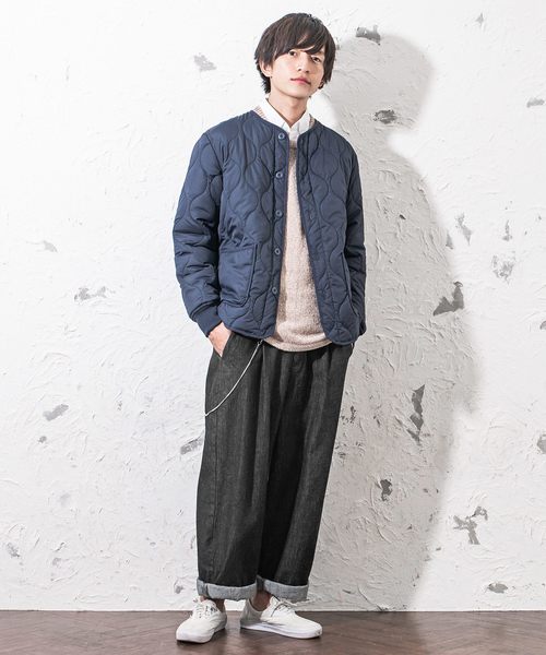 キルティングノーカラーブルゾン ミリタリージャケット（ノーカラー