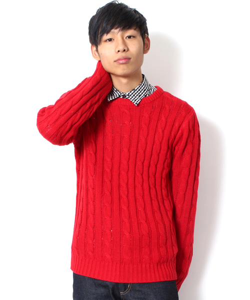 WEGO（ウィゴー）の「WEGO/ケーブル編みニット（ニット/セーター・メンズ・ワイン/ブルー/オフホワイト/グリーン/ネイビー/レッド/杢グレー・SMALL/MEDIUM/LARGE）」の6枚目の写真