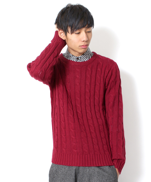 WEGO（ウィゴー）の「WEGO/ケーブル編みニット（ニット/セーター・メンズ・ワイン/ブルー/オフホワイト/グリーン/ネイビー/レッド/杢グレー・SMALL/MEDIUM/LARGE）」の7枚目の写真
