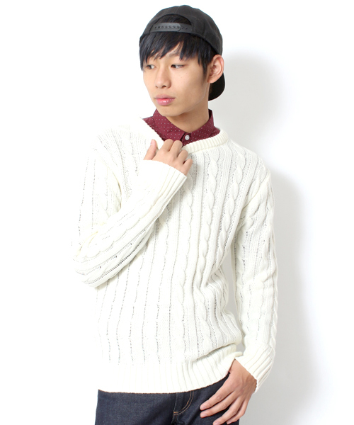 WEGO（ウィゴー）の「WEGO/ケーブル編みニット（ニット/セーター・メンズ・ワイン/ブルー/オフホワイト/グリーン/ネイビー/レッド/杢グレー・SMALL/MEDIUM/LARGE）」の14枚目の写真