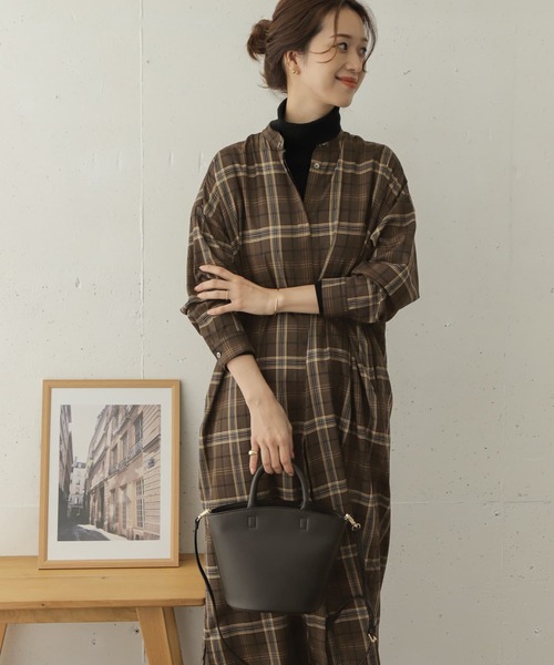 アーバンリサーチ シャツワンピース ロング グリーン チェック バンドカラー アーバンリサーチ シャツワンピース ロング グリーン チェック