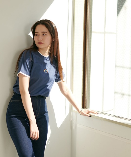 tina jojun 刺繍コンパクトTシャツ　ネイビー Tina刺繍 コンパクトTシャツ TINA：JOJUN（Tシャツ/カットソー