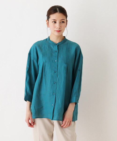 SHOO・LA・RUE（シューラルー）の「◆フレンチリネン100％ゆるバンドカラーシャツ（シャツ/ブラウス・レディース・ホワイト/グリーン・02/03/04）」の3枚目の写真
