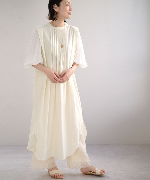 ANDJ(アンドジェイ)の「リネンタッチ異素材切替ピンタックブザムワンピース(シャツワンピース・レディース・ブラック/アイボリー/ライトベージュ・M)」の21枚目の写真