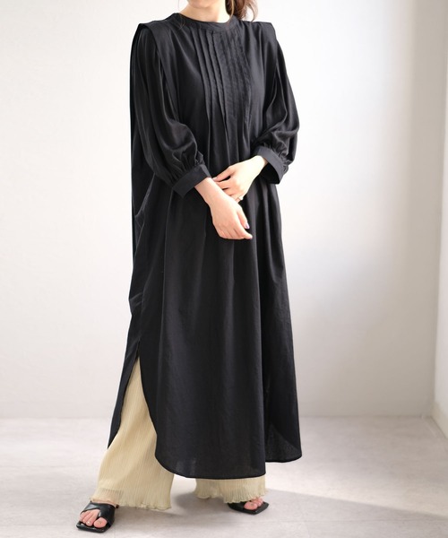 ANDJ(アンドジェイ)の「リネンタッチ異素材切替ピンタックブザムワンピース(シャツワンピース・レディース・ブラック/アイボリー/ライトベージュ・M)」の18枚目の写真