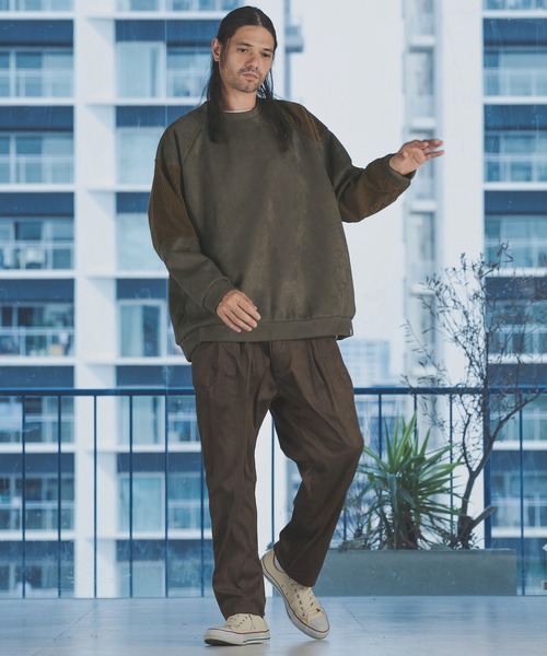 ANGENEHM（アンゲネーム）の「mlt3497-Suede Like Cardboard Knit×Corduroy Switch Pullover (MADE IN JAPAN) プルオーバー（Tシャツ/カットソー・メンズ・オリーブ/ブラック・M/L/S）」の6枚目の写真