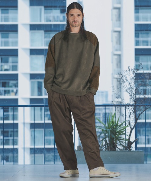 ANGENEHM（アンゲネーム）の「mlt3497-Suede Like Cardboard Knit×Corduroy Switch Pullover (MADE IN JAPAN) プルオーバー（Tシャツ/カットソー・メンズ・オリーブ/ブラック・M/L/S）」の8枚目の写真