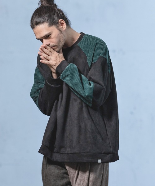 ANGENEHM（アンゲネーム）の「mlt3497-Suede Like Cardboard Knit×Corduroy Switch Pullover (MADE IN JAPAN) プルオーバー（Tシャツ/カットソー・メンズ・オリーブ/ブラック・M/L/S）」の9枚目の写真