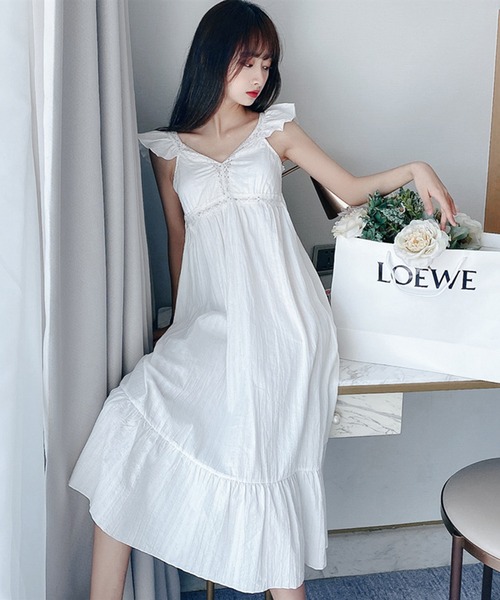 Jasmine Grandiflorum（ジャスミングランディフローラム）の「ロング丈ワンピースルームキャミワンピーズ（ルームワンピース・レディース・ホワイト・LARGE/MEDIUM）」の7枚目の写真