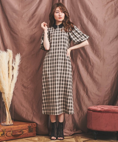 新品✨Noela　ボリュームスリーブチェックワンピース Aライン ロング丈 ボリュームスリーブチェックワンピース | ロングワンピース
