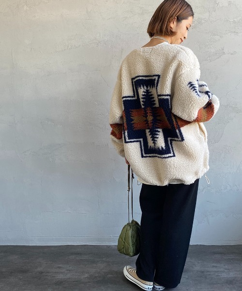 PENDLETON（ペンドルトン）の「[PENDLETON/ペンドルトン] ネイティブ柄 ボアフリースジップカーディガン（ブルゾン・レディース・アイボリー/ブラック/キャメル・F）」の9枚目の写真