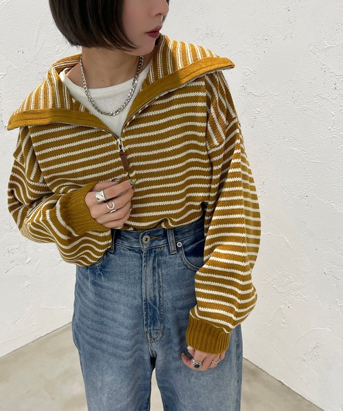 apres jour mignon（アプレジュールミニョン）の「ハーフジップボーダーニット【ZOZOTOWN限定アイテム】（ニット/セーター・レディース・ブラック/イエロー/アイボリー・X-LARGE/フリー）」の3枚目の写真