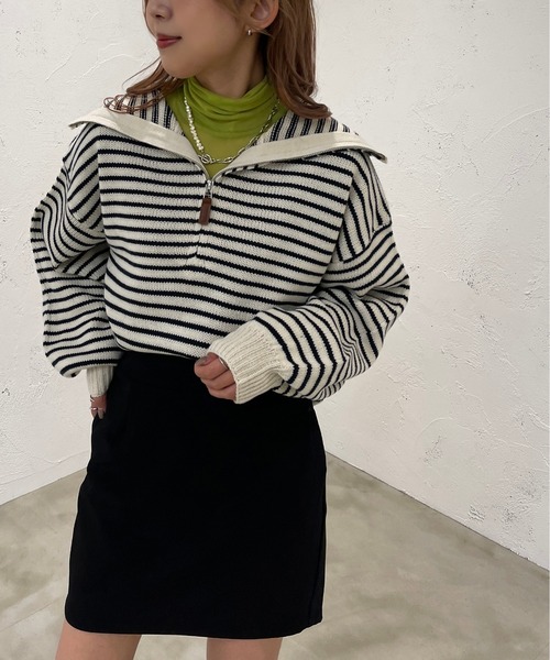 apres jour mignon（アプレジュールミニョン）の「ハーフジップボーダーニット【ZOZOTOWN限定アイテム】（ニット/セーター・レディース・ブラック/イエロー/アイボリー・X-LARGE/フリー）」の4枚目の写真