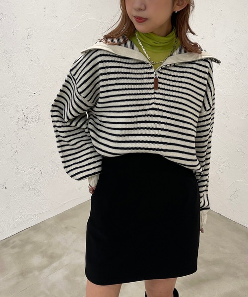 apres jour mignon（アプレジュールミニョン）の「ハーフジップボーダーニット【ZOZOTOWN限定アイテム】（ニット/セーター・レディース・ブラック/イエロー/アイボリー・X-LARGE/フリー）」の5枚目の写真