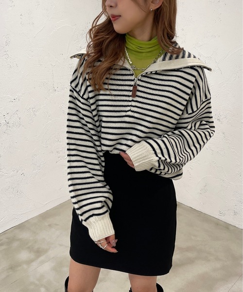 apres jour mignon（アプレジュールミニョン）の「ハーフジップボーダーニット【ZOZOTOWN限定アイテム】（ニット/セーター・レディース・ブラック/イエロー/アイボリー・X-LARGE/フリー）」の6枚目の写真